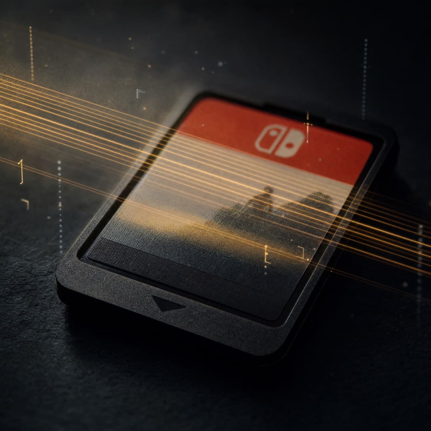 Cartouche Nintendo Switch analysée par l'IA avec scan-lines dorées